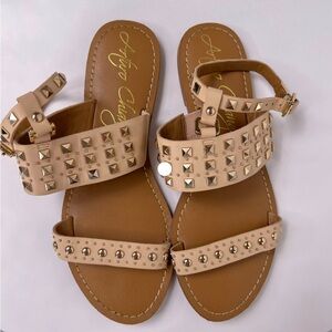 Arturo Chiang Leather Tan Studded Sandals with Gold Accents